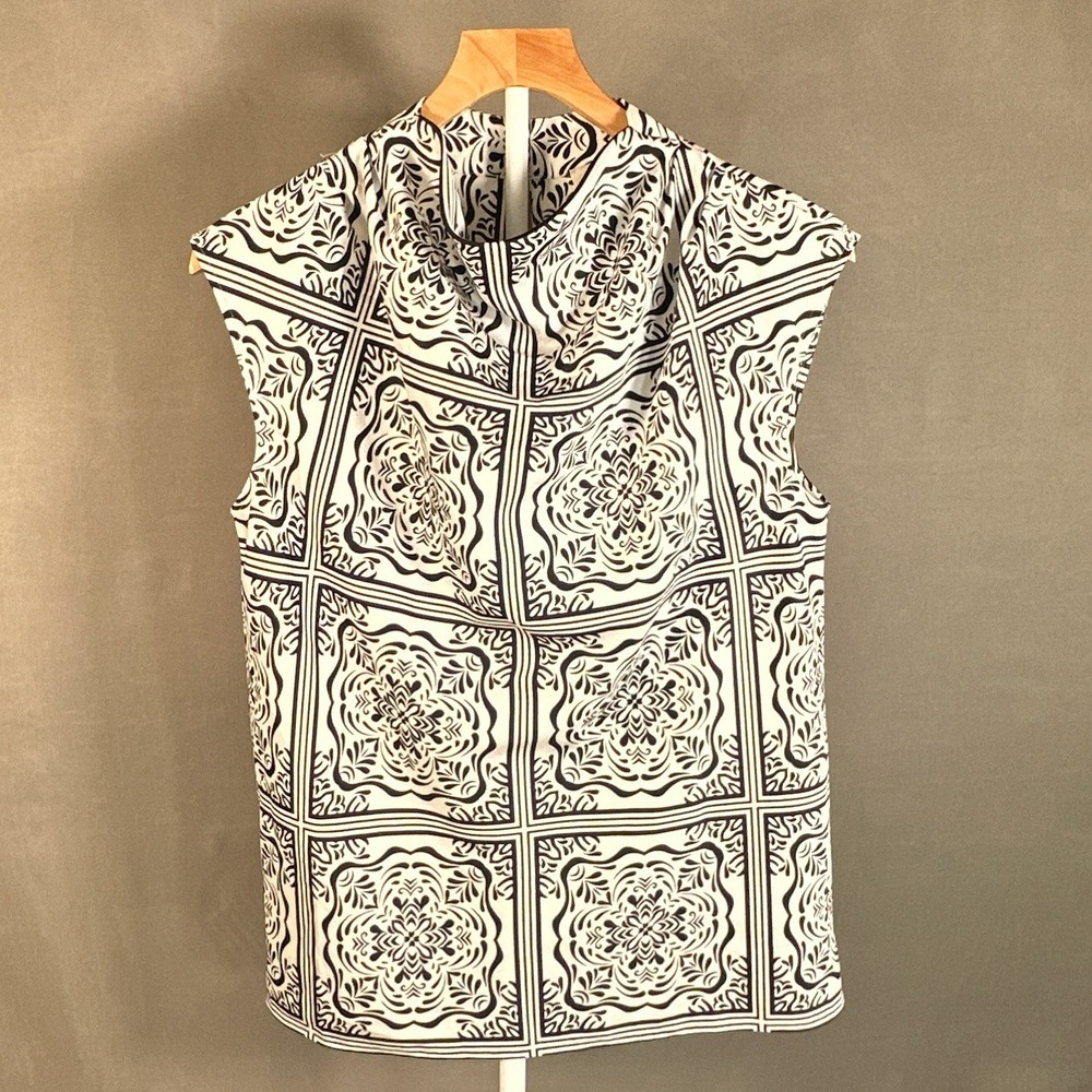 LOFT Womens Black White Tile Print Cowl Neck Sleeveless Blouse Top Small